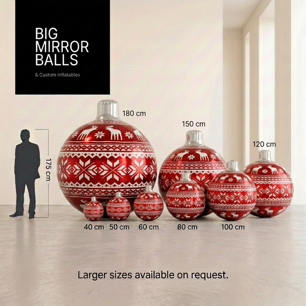 Rojo nórdico navideño - Set de grandes esferas espejo – 8 piezas (40–180 cm)