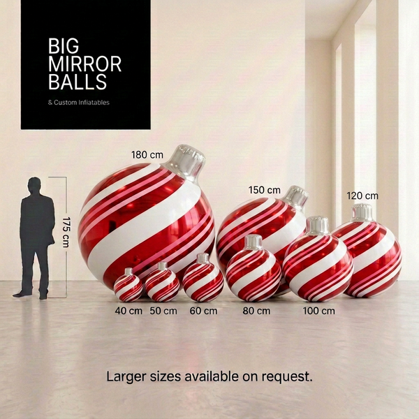 Christmas Red, Pink & White Stripes - Big Mirror Ball Set – 8 Pieces (40–180 cm)