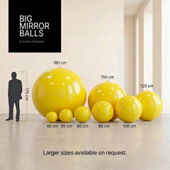 Eight yellow inflatable PVC balls, diameters 40–180 cm, with a 175 cm silhouette reference.