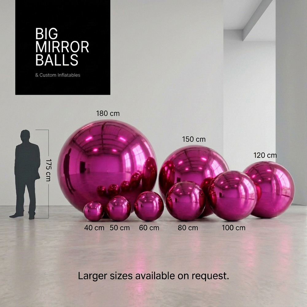 Eight pink fuchsia inflatable mirror balls, 40–180 cm, with a 175 cm silhouette reference.