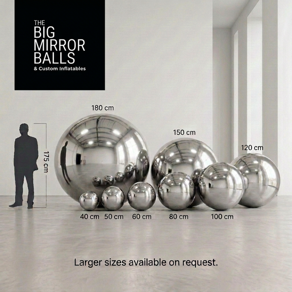 Silver mirror ball set of eight with diameter guide and The Big Mirror Balls logo