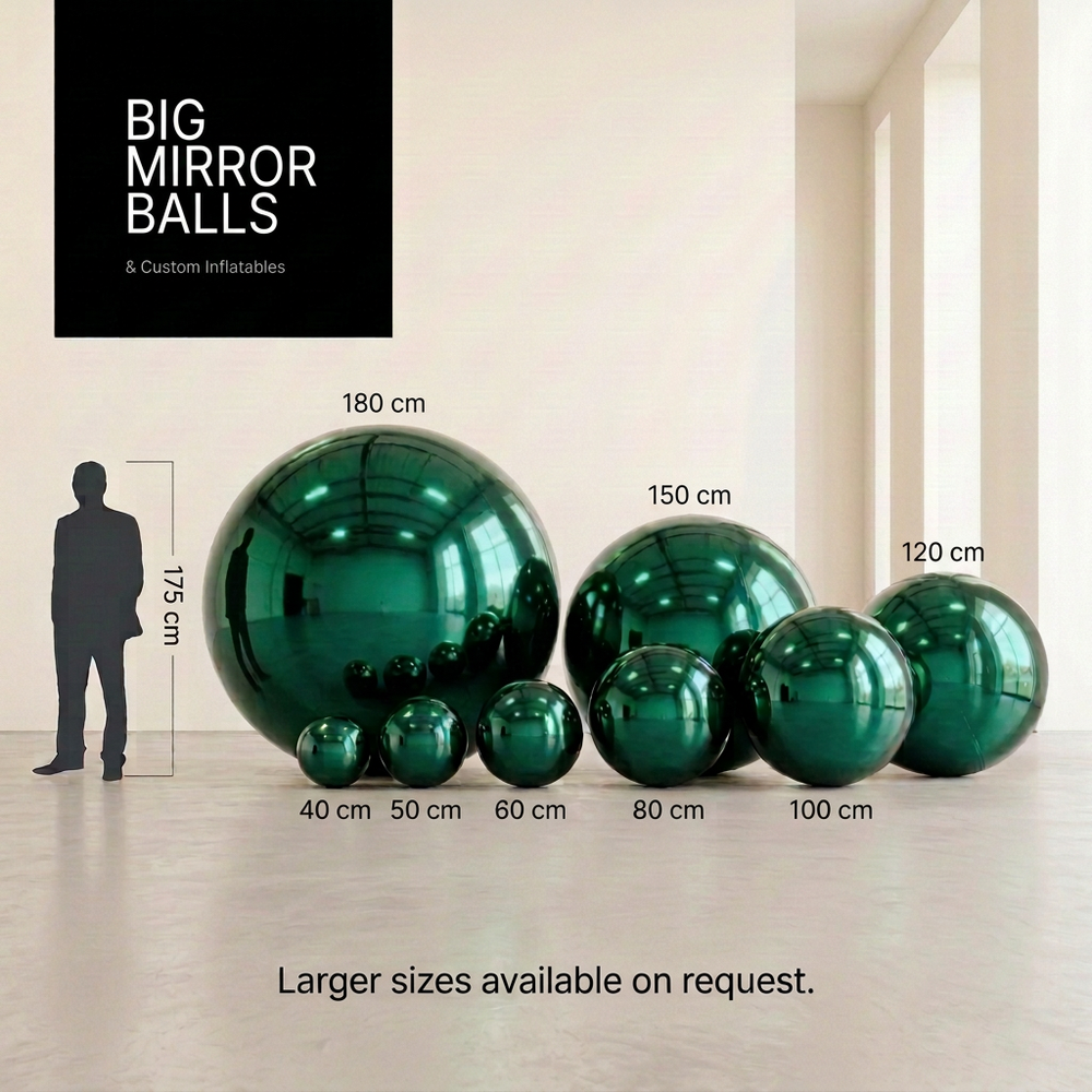 Eight green inflatable mirror balls, 40–180 cm, with a 175 cm silhouette reference.