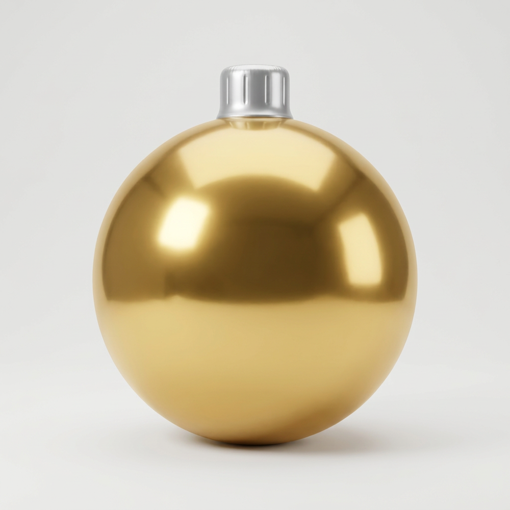 Gold Christmas mirror ball with silver PVC cap, studio photo