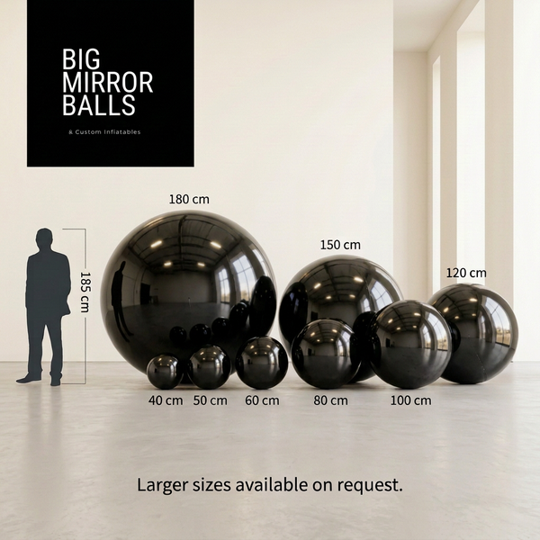 Eight black inflatable mirror balls, 40 to 180 cm, with size guide