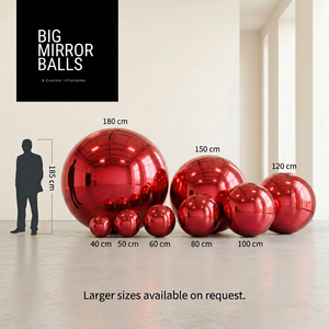 Red mirror ball set, eight sizes from 40 to 180 cm.