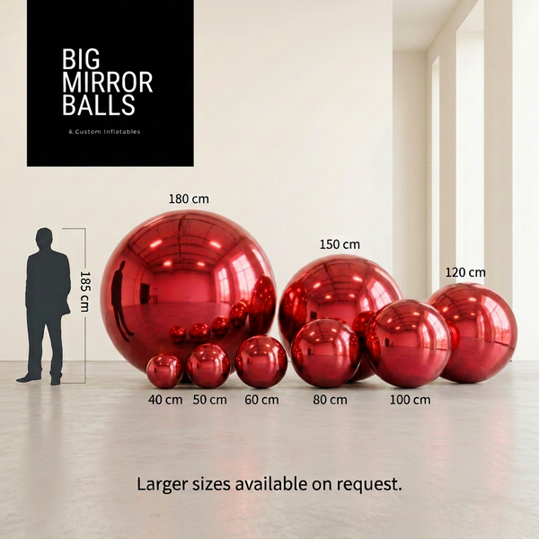 Red mirror ball set, eight sizes from 40 to 180 cm.
